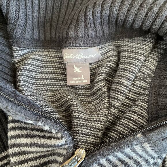 Eddie Bauer Cardigan Sweater Womens Large Grey Stripe Zip Up Fitted Stand Collar - Picture 6 of 8